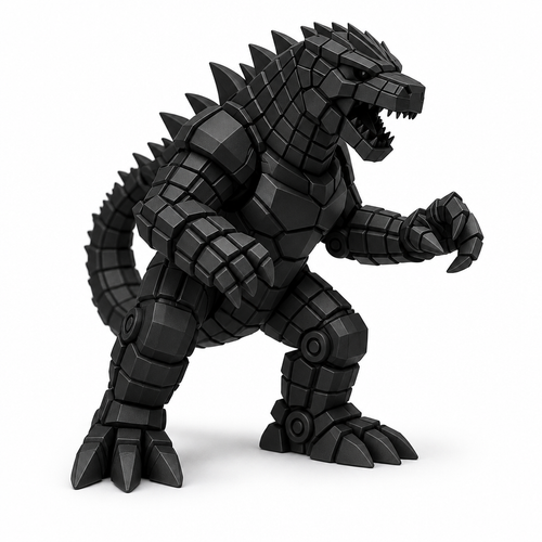 Black blocky Godzilla figure on white background