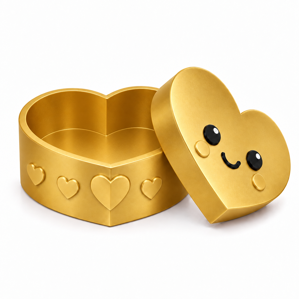 Empty golden heart storage box with lid