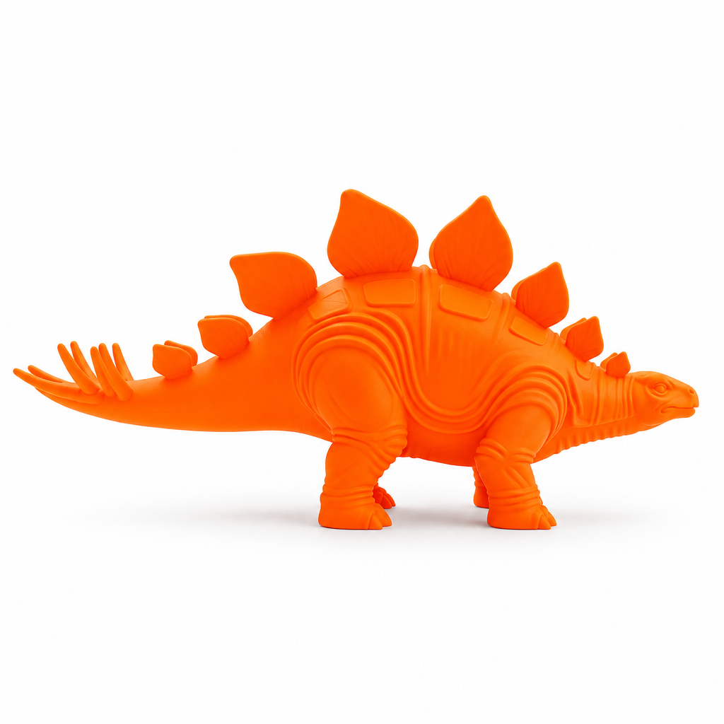 Fluorescent orange side-view stegosaurus toy on white background