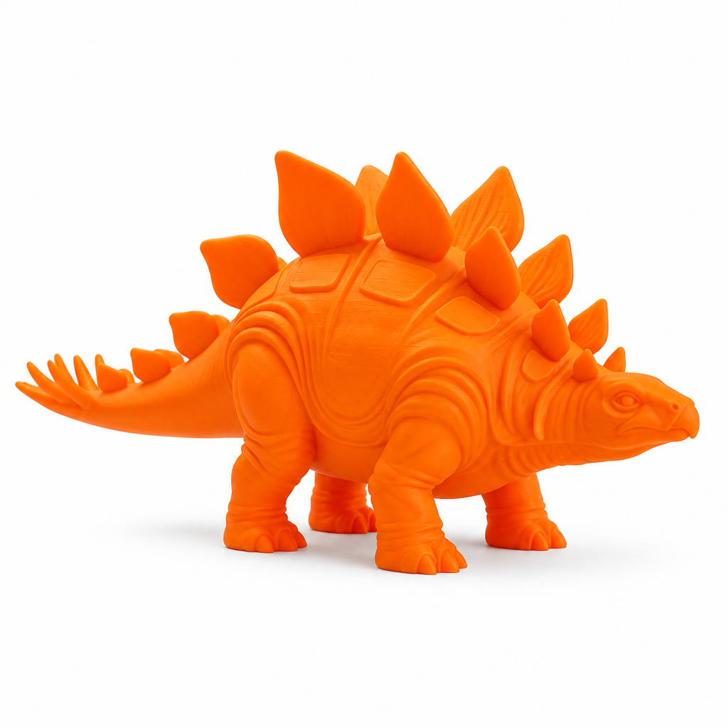 Fluorescent orange stegosaurus toy on white background