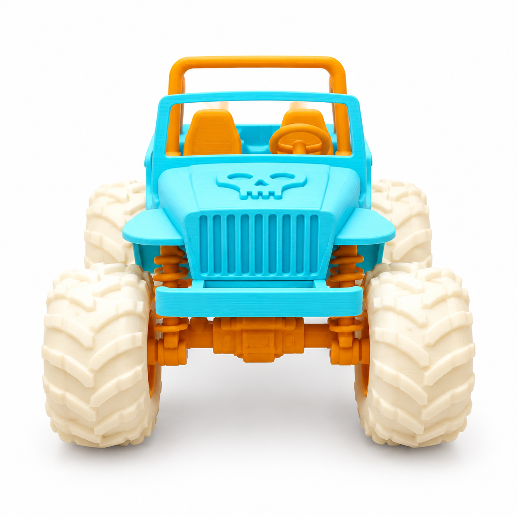 Front view of monster truck jeep toy on white background