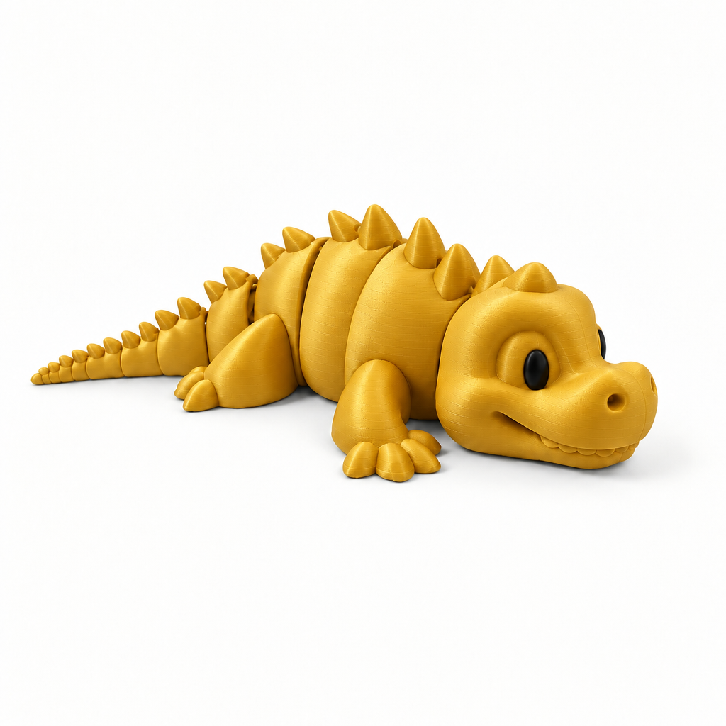 Gold articulated dinosaur on a white background