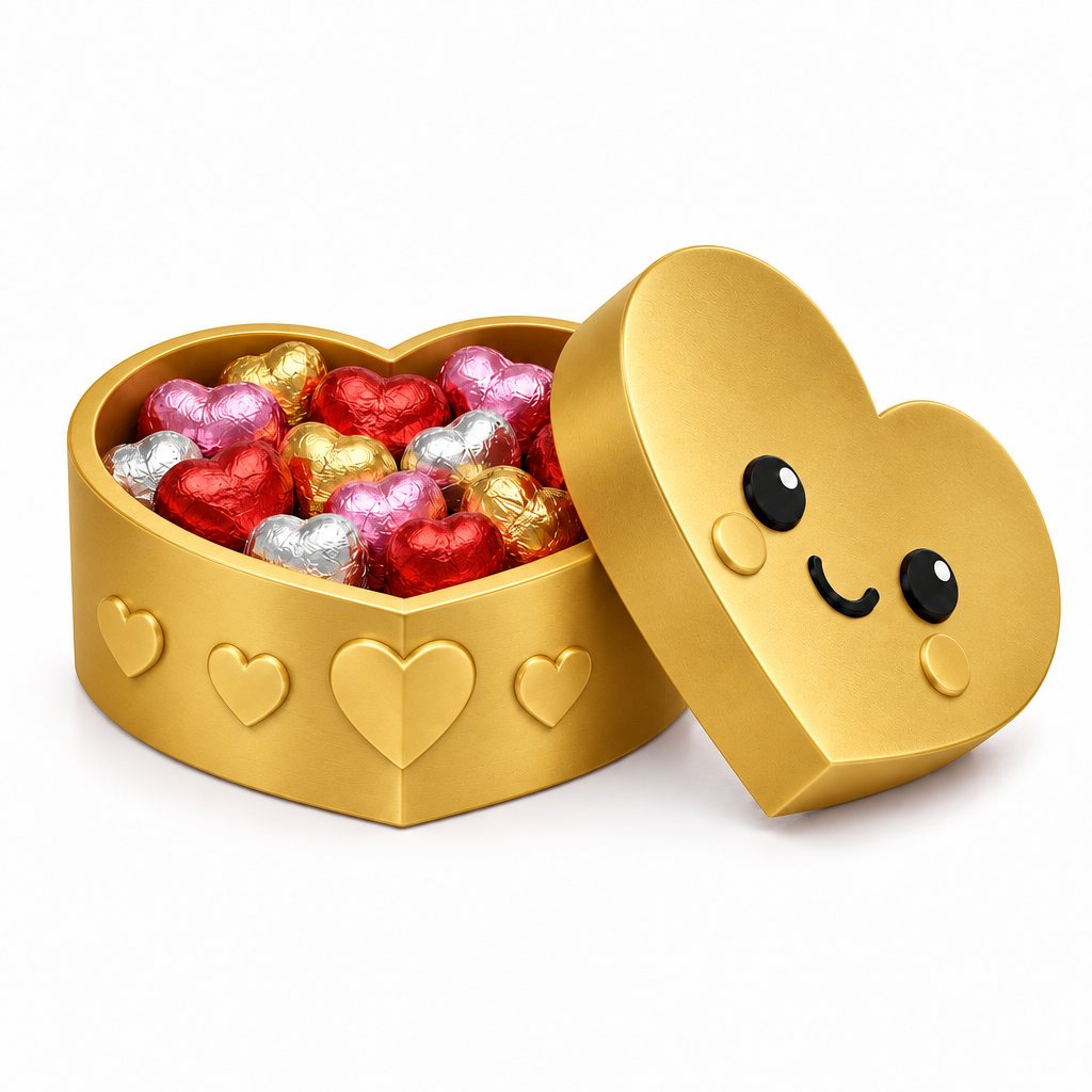 Golden heart storage box filled with chocolates
