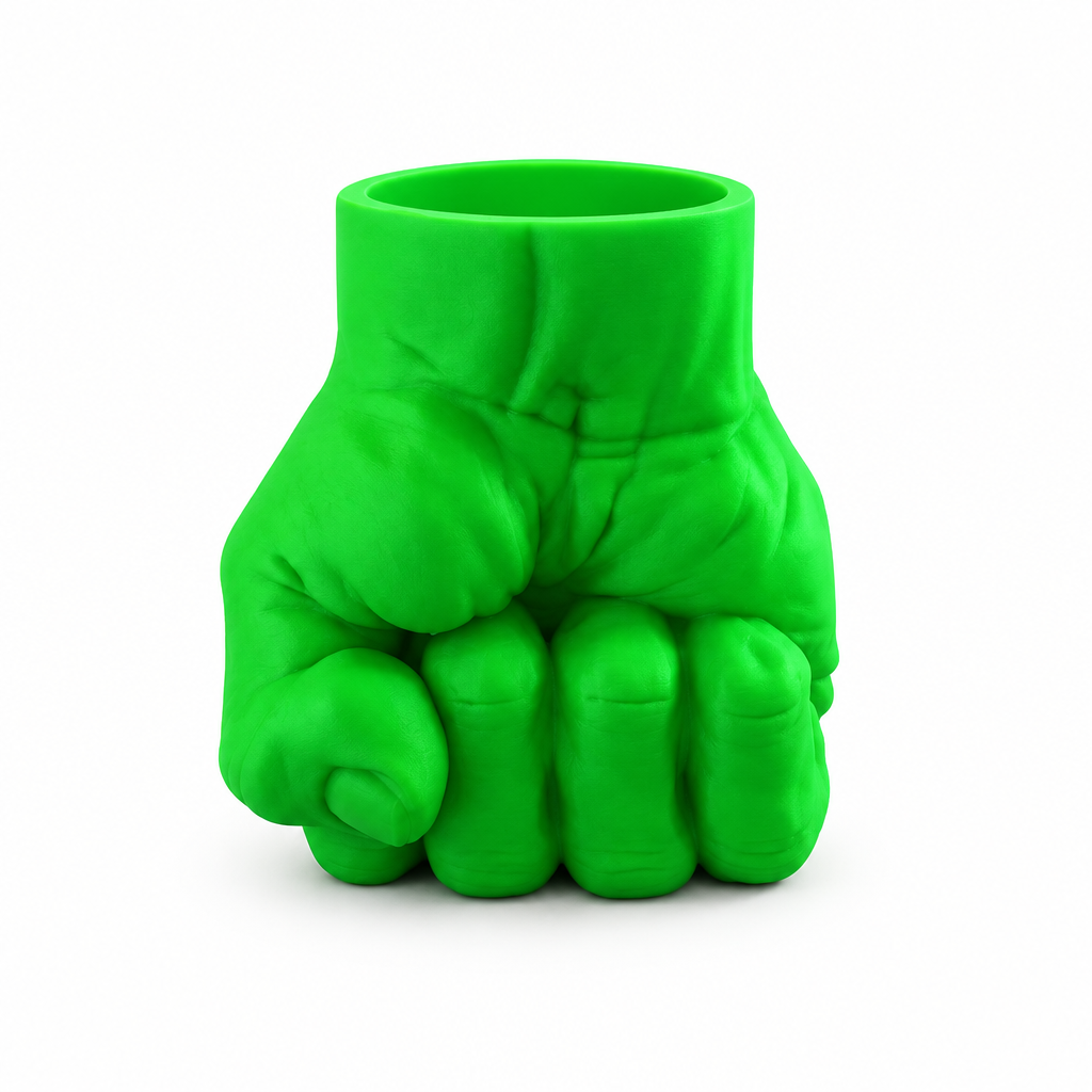 Green fist pen holder on a white background