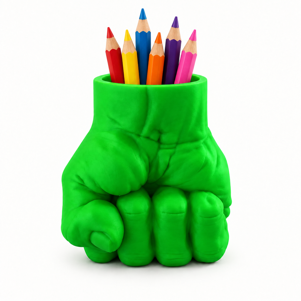 Green fist pen holder with coloured pencils