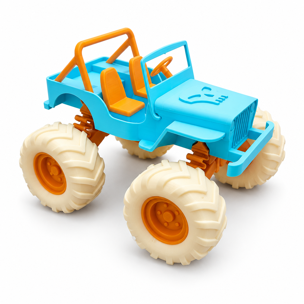3D printed blue monster truck jeep toy with big cream tyres on white background