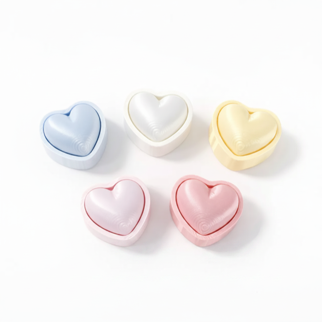 Puffy Heart Clicker fidget toys in blue, white, yellow, light pink and rose pink, white background