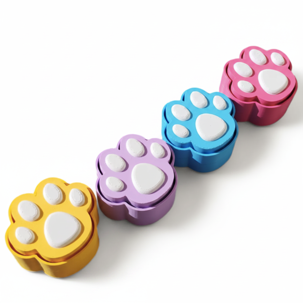 Pup Paw Clicker fidget toy in yellow, purple, blue and pink, white background