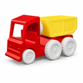Red and yellow 3D printed toy dump truck on white background