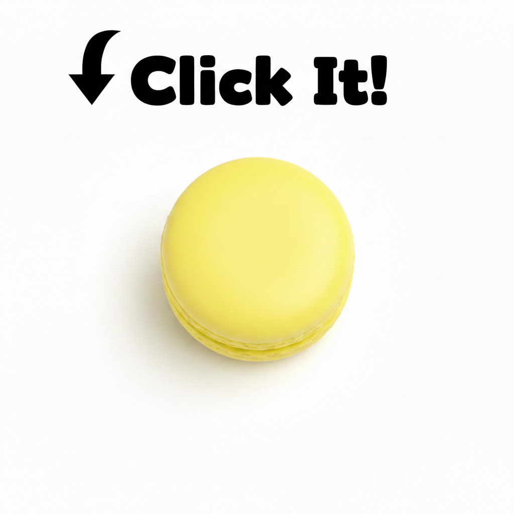 Yellow macaron clicker top view with click it arrow, white background