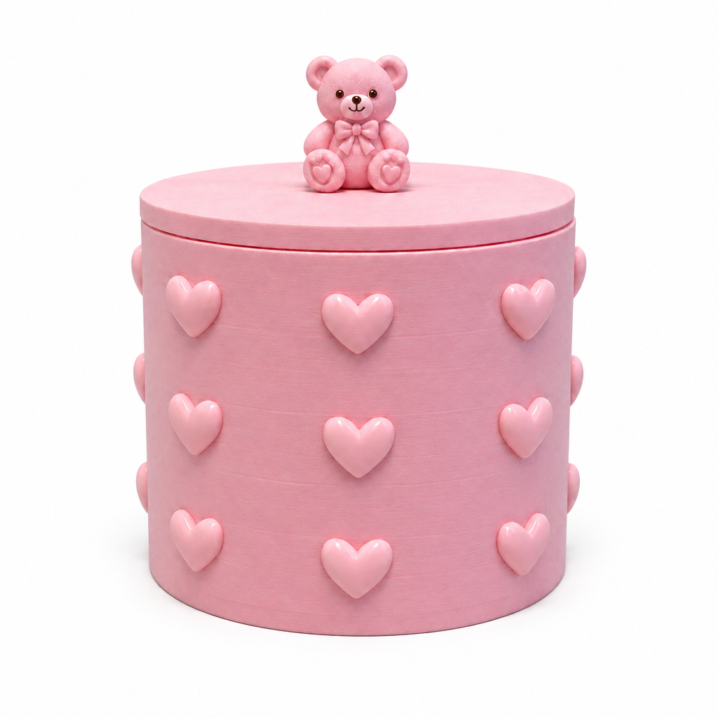 Pink round storage box with raised hearts and a teddy bear on the lid