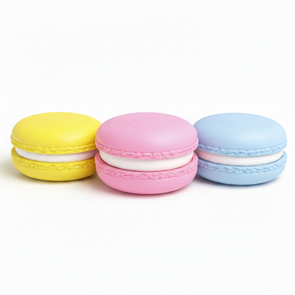 Macaron Clicker fidget toy in yellow, light pink and baby blue, white background