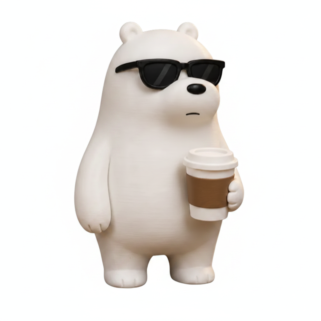 Cool Bear Desk Buddy white bear figurine with sunglasses and coffee cup, white background