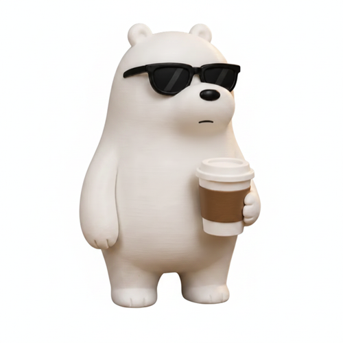 Cool Bear Desk Buddy white bear figurine with sunglasses and coffee cup, white background