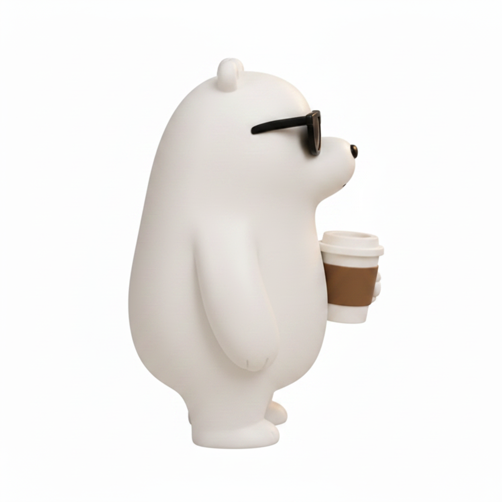 Cool Bear Desk Buddy white bear figurine side profile view, white background