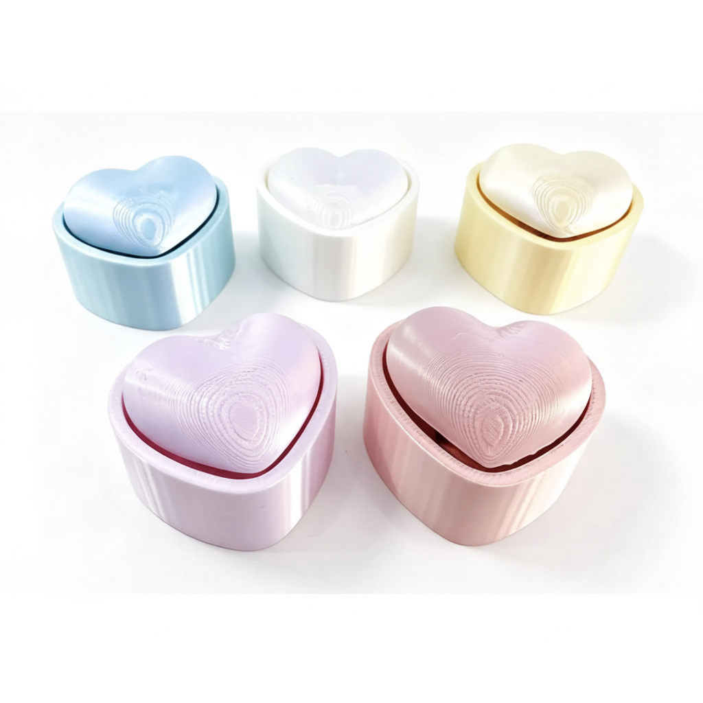 Heart Clicker fidget toys in blue, white, yellow, lavender and rose pink, white background