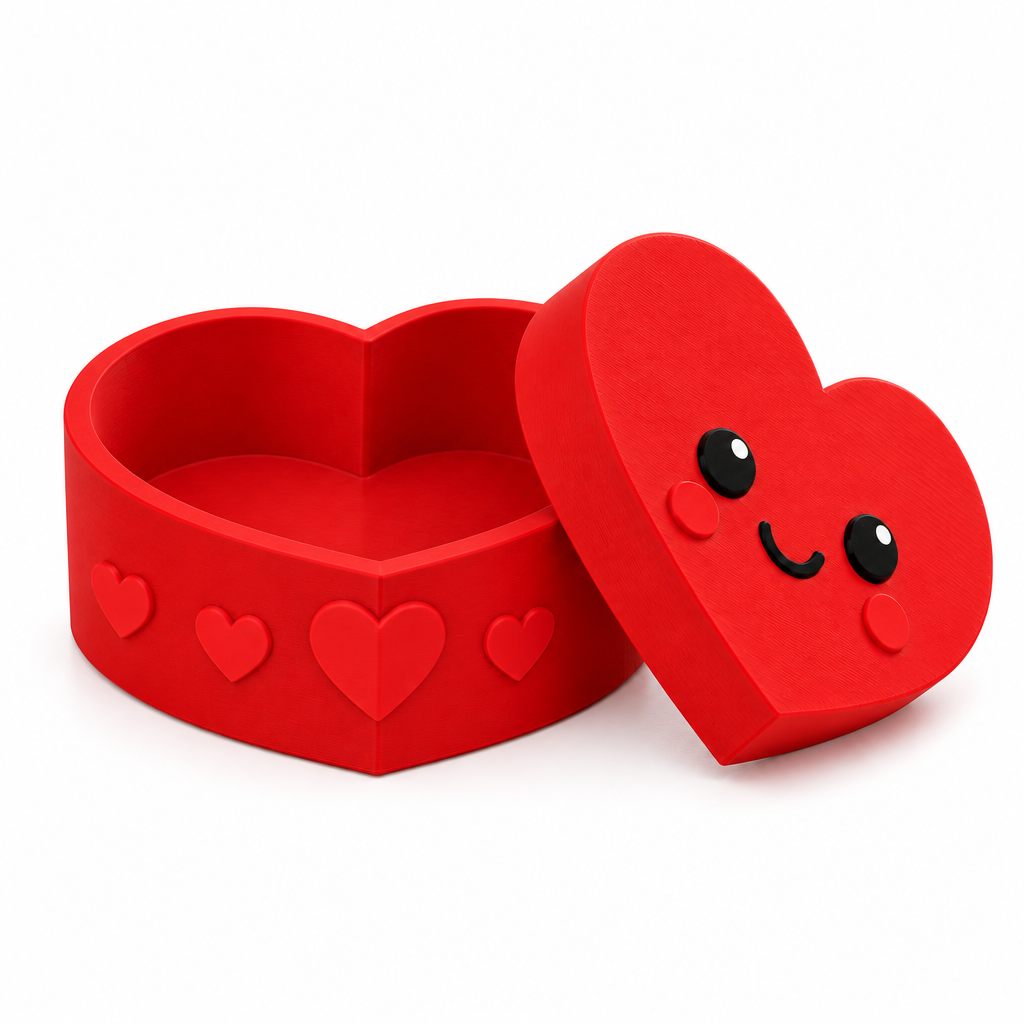 Red heart-shaped storage box with raised hearts and smiling face lid