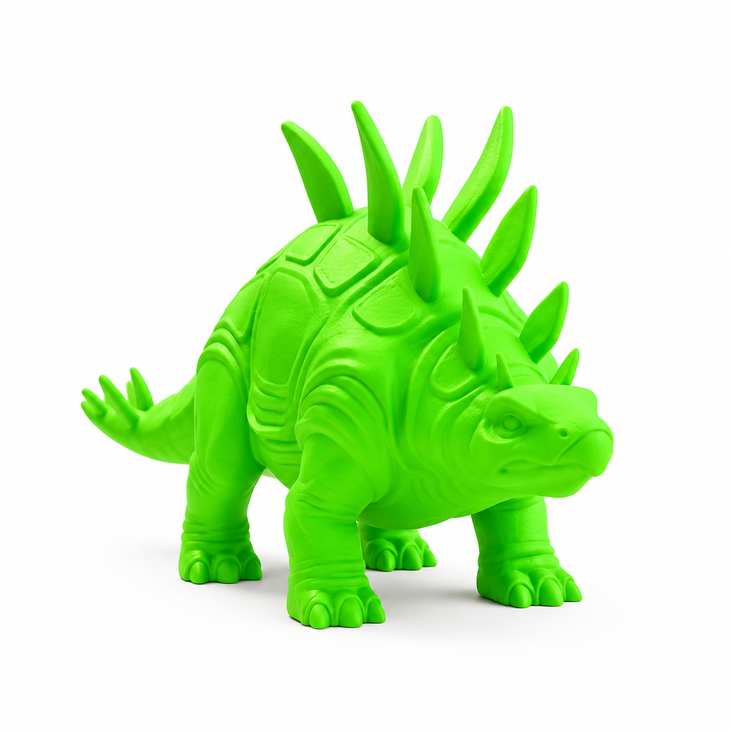 Spiky fluorescent green Stegosaurus dinosaur toy front view