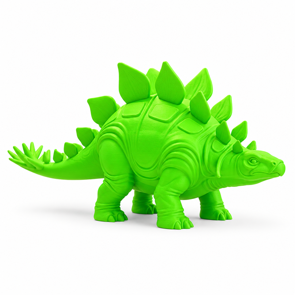 Fluorescent green 3D printed Stegosaurus dinosaur toy on white background