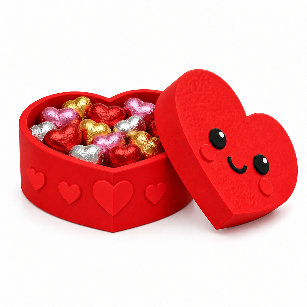 Red heart storage box filled with chocolates