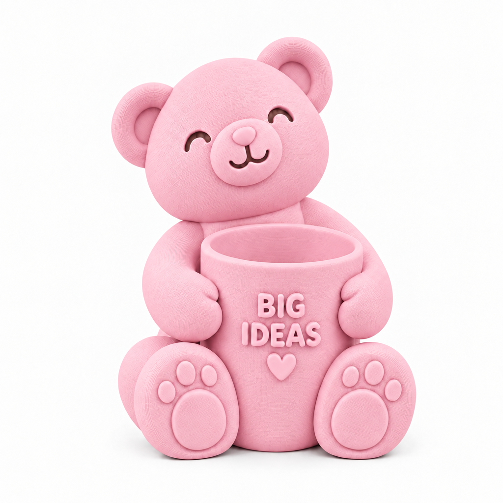Square baby-pink teddy bear pen holder