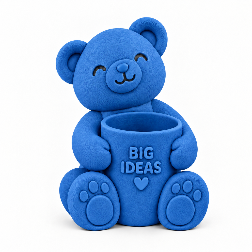 Square blue teddy bear pen holder