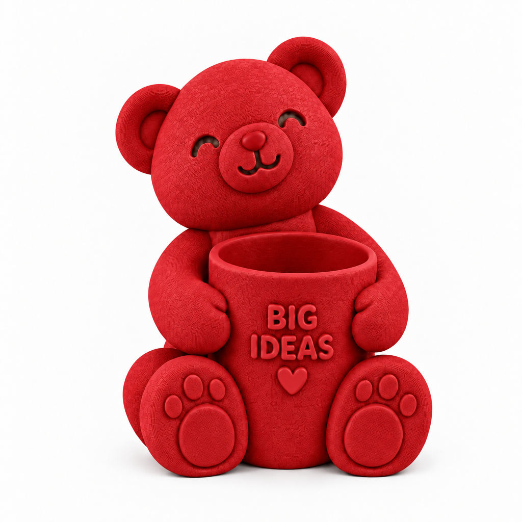 Square red teddy bear pen holder