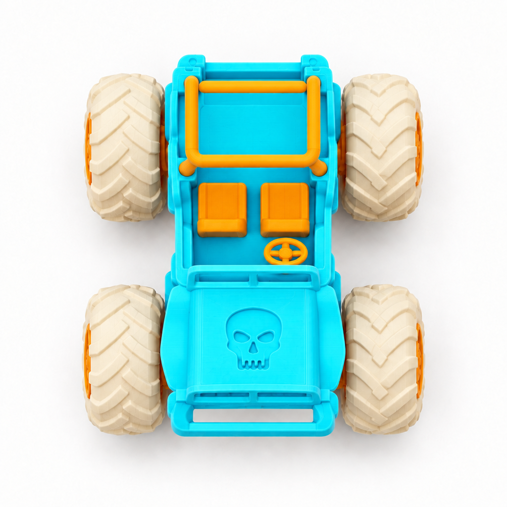 Top view of monster truck jeep flipped vertically