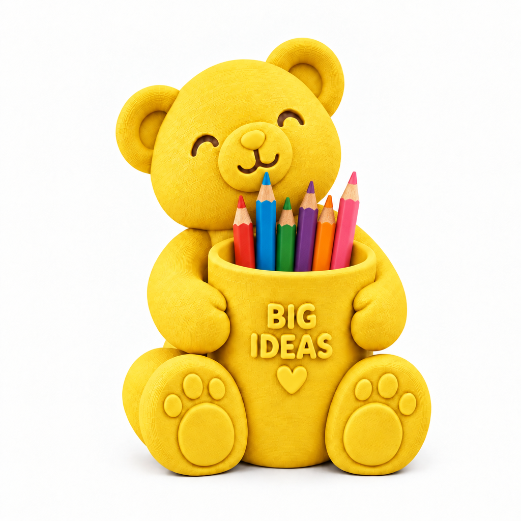Yellow teddy bear pen holder with coloured pencils