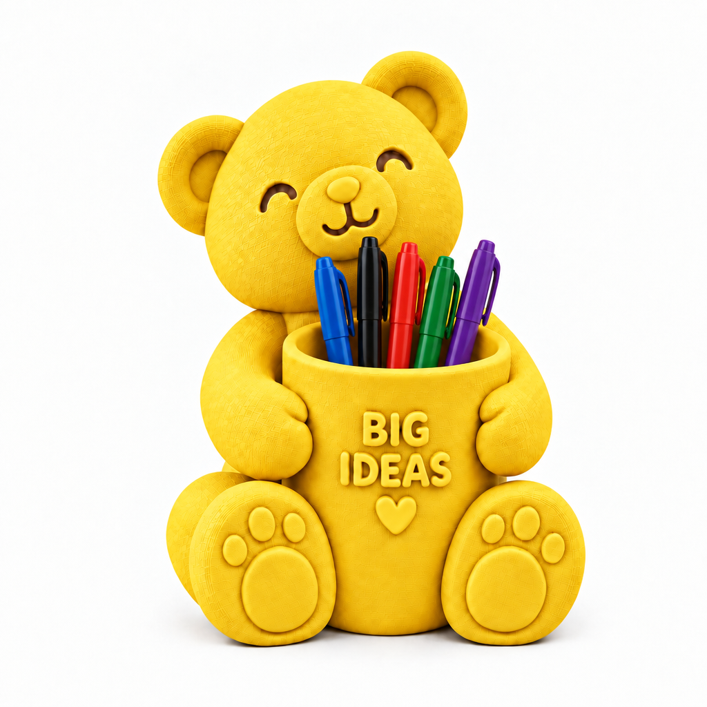 Yellow teddy bear pen holder with pens